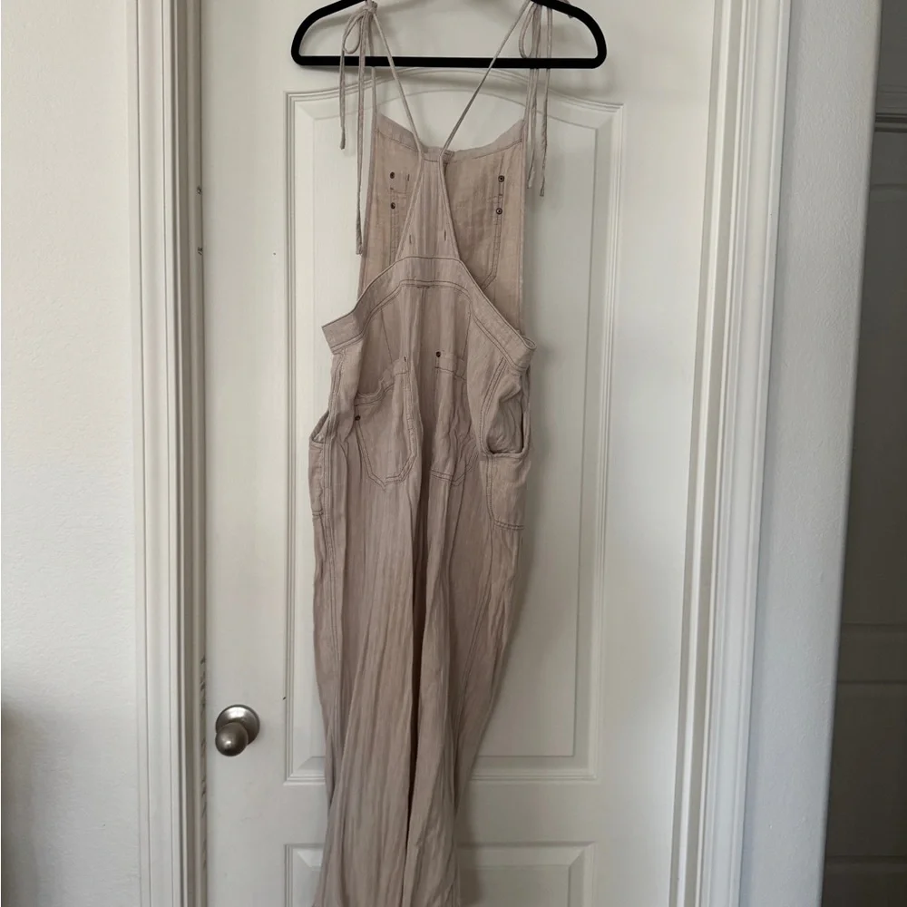 Free People Cream Linen Blend Wide-Leg Overalls